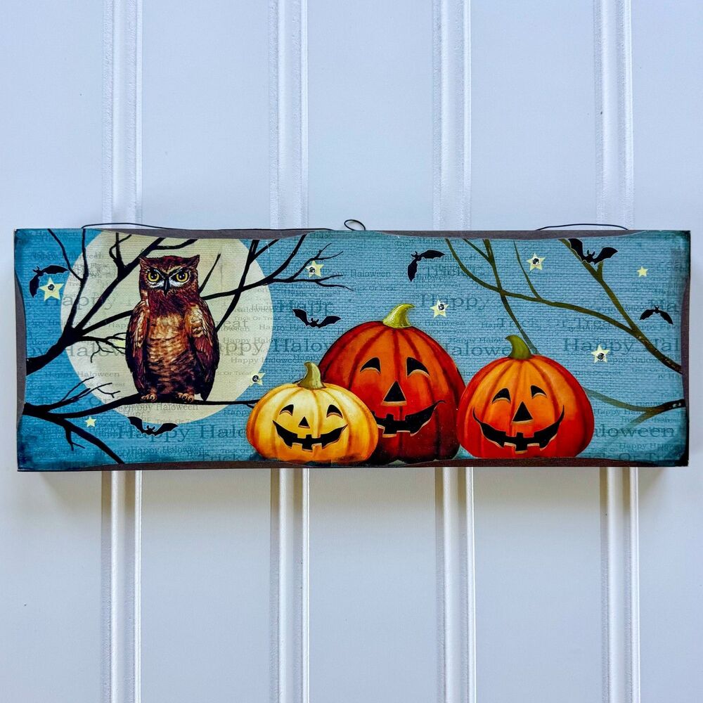 Light Up Halloween Sign with Pumpkins, Owl & Bats | Wall Decor | Rustic Fall - Picture 2 of 8